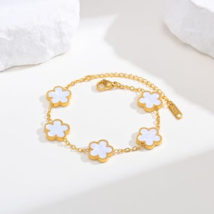 Women Gold Bracelets Jewelry Set - 3Pcs 18K Gold Plated Floral Bracelet,Stainless Steel Charm Bracelet Non-Tarnish,Adjustable Lucky Chain Trendy Gift,Christmas Valentines Birthday Gifts for Girlfriend - style: White