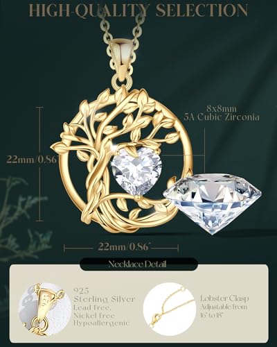 FANCIME Tree of life Birthstone necklace Sterling Silver Pendant Birthstone Necklace Gemstone Anniversary Birthday Jewelry Mothers Day Gifts for Mom Her Wife - color: Yellow gold-4-simulated diamond