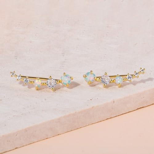 CiNily Star Opal Ear Cuffs Climber Earrings, 14K Gold CZ Ear Crawler Earrings for Women Small Cartilage Stud Earrings Fashion Hypoallergenic Jewelry Christmas Day Gifts, White Gold, Rose Gold - color: Gold-White Opal, size: Round Opal