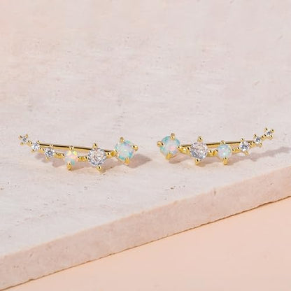 CiNily Star Opal Ear Cuffs Climber Earrings, 14K Gold CZ Ear Crawler Earrings for Women Small Cartilage Stud Earrings Fashion Hypoallergenic Jewelry Christmas Day Gifts, White Gold, Rose Gold - color: Gold-White Opal, size: Round Opal