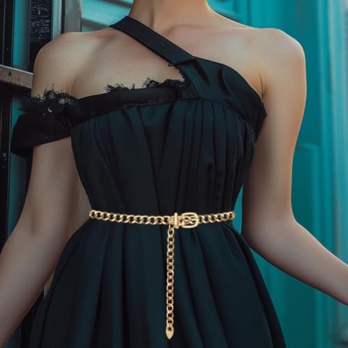 Gold Chain Belt for Women, Metal Cuban Link Waist Belt with Adjustable Buckle, Fashion Chunky Chain for Dresses Jeans - color: Gold-Cuban Link