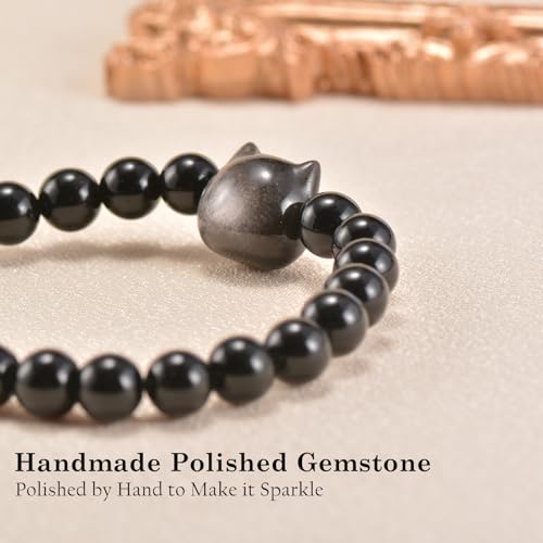 Agate Round Beaded Bracelet for Women Men Natural Agates Stone Healing Bracelets Stretch Elastic Handmade Polished Gemstone Beads Bracelet - color: Cat Black Obsidian, size: 8mm Beads