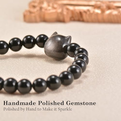 Agate Round Beaded Bracelet for Women Men Natural Agates Stone Healing Bracelets Stretch Elastic Handmade Polished Gemstone Beads Bracelet - color: Cat Black Obsidian, size: 8mm Beads