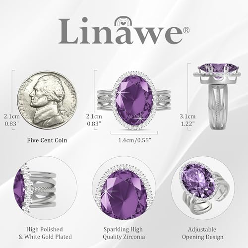 Linawe Costume Jewelry Adjustable Cocktail Ring for Women | Copper, Rhinestone, Cubic Zirconia, Oval, Fake Diamond, Crystal, Stone, Birthstone, Gemstone, Big, Chunky, Statement - color: White Purple