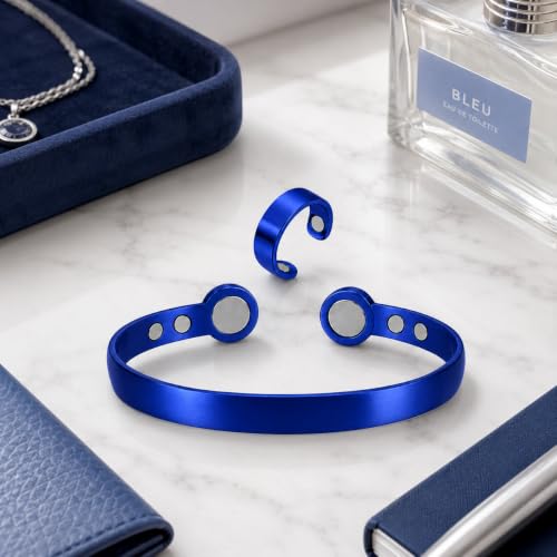 Calming Bracelet Ring Set for Women, Menopause Bracelets Adjustable Bangle Stainless Steel Cuff Climacterium Anxiety Stress Relief Energy Open Jewelry Gift - color: Blue PRO + Blue