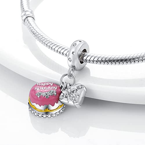 925 Sterling Silver Charm for Bracelet Necklace Women Dangle Pendant Beads | Love Faith Mom Ocean travel Butterfly Party Charm Beads Pendants DIY Jewelry Gift - color: Birthday cake with gift charm