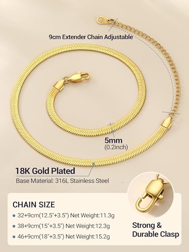 PROSTEEL 3mm/5mm Herringbone Choker Necklace for Women, 12.5"/15"/18", Stainless Steel/Sterling Silver Flat Snake Chain in Silver/Yellow Gold/Rose Gold/Black, Come with Box - color: 5mm-Gold Plated, size: 12.5 Inch