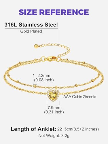 Richsteel Double Layer Heart/Butterfly Birthstone Anklet for Women | Non Tarnish Waterproof, Silver/Gold/Black Stainless Steel 8.5-10.5 Inch Adjustable Chain Anklets Summer Beach Foot Jewelry - color: Gold Heart-11 Nov.(Yellow Topaz)