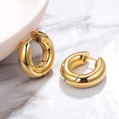Small Huggie Hoop Earrings For Women, Real Gold Plated Croissant Square Round Earrings Lightweight Everyday Jewelry Hypoallergenic for Sensitive Ears - color: Small Round Hoop