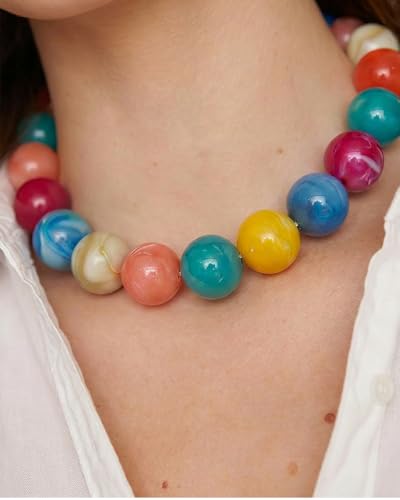 Chunky Beaded Choker Necklace for Women Boho Statement Necklace with Large Pearl Blue Brown Tone Resin Beads Summer Beach Jewelry Gifts - color: Tropical Turquoise Orange