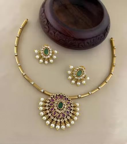 Antique Gold Plated Temple Jewellery Necklace Set with Earrings for Women, Traditional Indian Bridal Necklace Set, South Indian Choker Haram Style Jewellery Set, Ethnic Wedding Party Wear Necklace Set for Women - color: AD-Neck-174