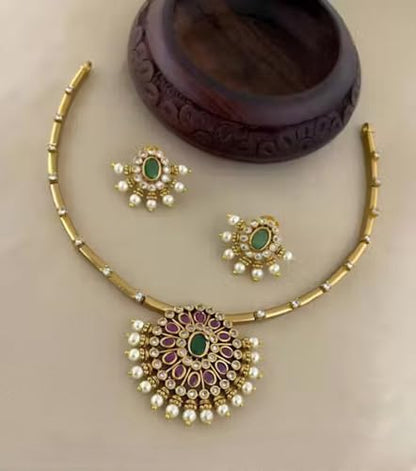 Antique Gold Plated Temple Jewellery Necklace Set with Earrings for Women, Traditional Indian Bridal Necklace Set, South Indian Choker Haram Style Jewellery Set, Ethnic Wedding Party Wear Necklace Set for Women - color: AD-Neck-174