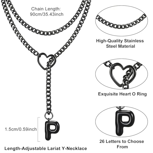 Black Heart Slip Chain Initial Necklaces for Women, Stainless Steel Wrap Choker Necklace, Gothic O-Ring Adjustable Lariat Y Necklaces, Punk Cuban Collar Choker Necklace, Halloween Jewelry Gift - color: Black P