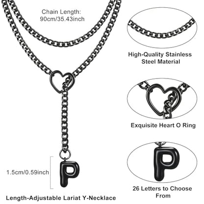 Black Heart Slip Chain Initial Necklaces for Women, Stainless Steel Wrap Choker Necklace, Gothic O-Ring Adjustable Lariat Y Necklaces, Punk Cuban Collar Choker Necklace, Halloween Jewelry Gift - color: Black P