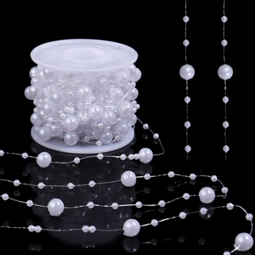 Pearls String Beads 33 Feet Crafts Faux Pearl Roll for Christmas Garland Flowers Wedding Party Jewelry Decoration(White) - color: White, size: 8mm and 3mm mixed