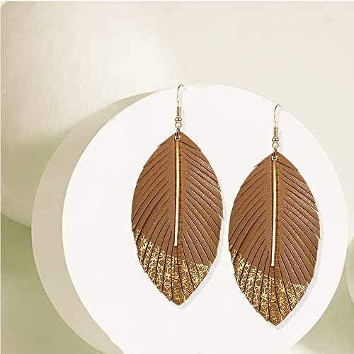 Bohemian Handmade Lightweight Color Large Genuine Soft Leather Fringe Feather Leaf Tear Dangle Drop Earrings for Women Statement - color: 2-Brown