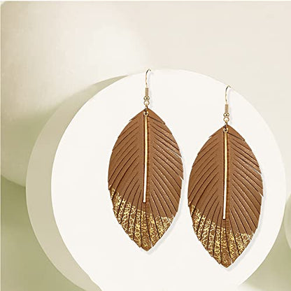 Bohemian Handmade Lightweight Color Large Genuine Soft Leather Fringe Feather Leaf Tear Dangle Drop Earrings for Women Statement - color: 2-Brown