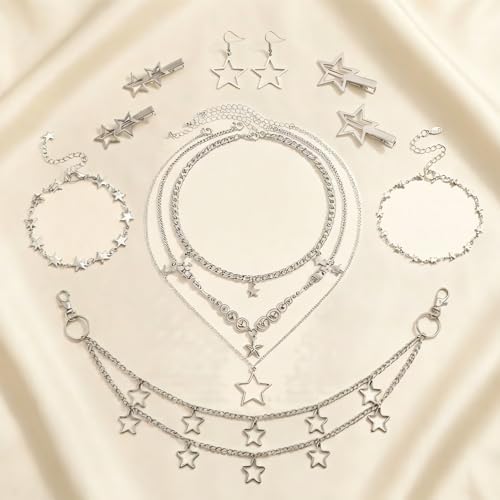 11Pcs Y2K Silver Jewelry Set Included Grunge Stackable Star Necklace Waist Chain Bracelet Earrings Hair Clip for Women Emo Alt Aesthetic Accessories