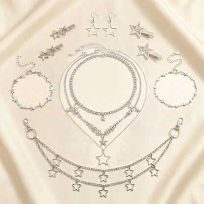 11Pcs Y2K Silver Jewelry Set Included Grunge Stackable Star Necklace Waist Chain Bracelet Earrings Hair Clip for Women Emo Alt Aesthetic Accessories