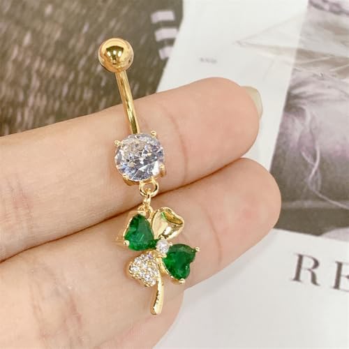 CZ Four Leaf Clove Belly Button Rings for Women Stainless Steel Green Crystal Belly Dangle Navel Piercing Barbell Studs Rings ST Patricks Day Irish Piercing Jewelry - color: Gold