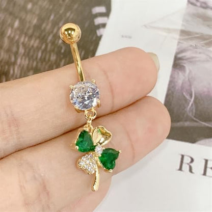 CZ Four Leaf Clove Belly Button Rings for Women Stainless Steel Green Crystal Belly Dangle Navel Piercing Barbell Studs Rings ST Patricks Day Irish Piercing Jewelry - color: Gold