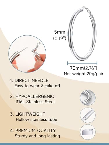 PROSTEEL Chunky Hoop Earrings for Women 14K Gold Plated/Black/Silver | 20/30/40/50/60/70/80mm Stainless Steel Thick Big Round Hoop with Waterproof and Non Tarnish Trendy Jewelry with Gift Box - color: 1. Silver, size: 70MM