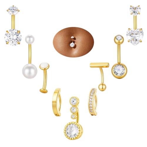 Hypoallergenic Belly Button Ring for Women | 14G, Stainless Steel, Gold Heart CZ Beaded Ball Pearl Belly Ring Stack, Curved Navel Belly Button Piercing Body Jewelry, 9PCS - color: 9PCS-14K Gold Plated