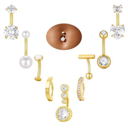 Hypoallergenic Belly Button Ring for Women | 14G, Stainless Steel, Gold Heart CZ Beaded Ball Pearl Belly Ring Stack, Curved Navel Belly Button Piercing Body Jewelry, 9PCS - color: 9PCS-14K Gold Plated