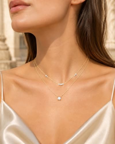 Gold Necklace Stack, Layered Gold Necklaces for Women Jewelry Set | 14K Gold Plated, Separate Chains, Pendant, Dainty, Non Tarnish, Delicate, Chain, Multi, Gift - color: 2 Layer-Solitaire Bar Gold
