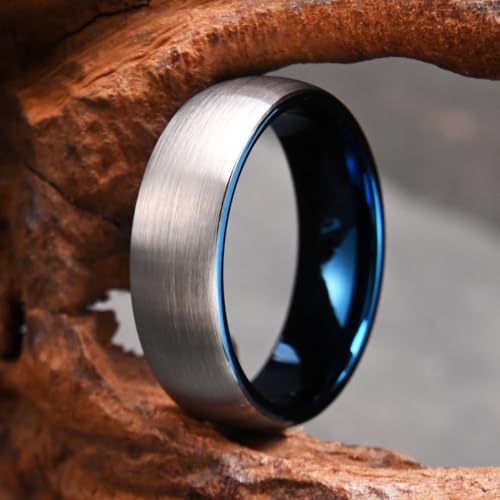 Tungsten Rings for Men Black Golden/Silver Blue Wedding Band | 7MM Mens and Women Engagement Wedding Rings Matte Brushed and High Polish Suitable for Couples' Anniversaries and Parties - color: 7mm silver and blue