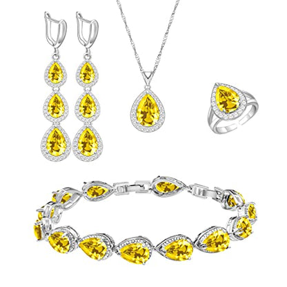 LMXXVJ Necklace Long Earrings Bracelet Set, White Gold Plated Created Blue Sapphire Jewelry Set Wedding Party Gift Jewelry for Women Bridal Bridesmaid - color: White Gold-Yellow Ring