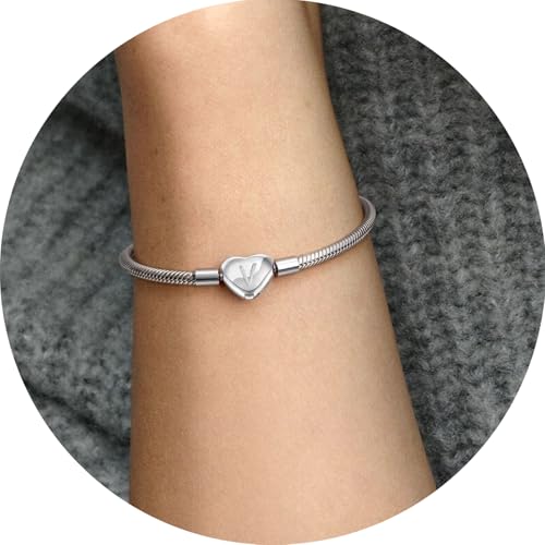 Initial Bracelet Heart Clasp Stainless Steel Snake Chain Alphabet Letter Charm Gift for Women Mom Girlfriend Wife - style: V