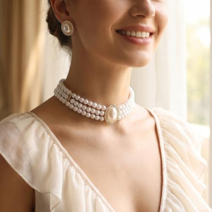 Hecila Pearl Choker Necklace Pearl Earring Set for Women Boho 3 Tier Vintage Chokers