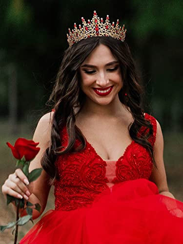 SWEETV Crystal Wedding Tiara for Women, Royal Queen Crown Headband, Rhinestone Princess Hair Accessories for Prom Birthday - color: 3.Red