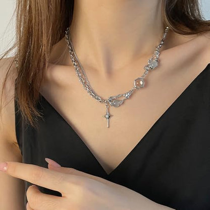 Gothic Cross Star Necklace For Men Women Silver Stainless Steel Cuban Link Paperclip Figaro Bead Chain Punk Kpop Y2k Goth Irregular Layered Cross Pendant Necklace Non Tarnish Jewelry Gift - color: Silver M