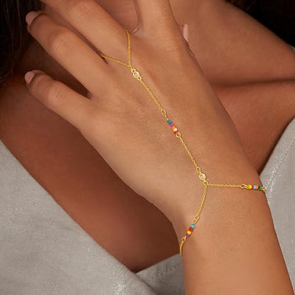 Hand Chain Bracelets for Women - 14K Real Gold Plated Dainty Stackable Paperclip Link Bracelets Hand Chain Bracelet Ring Gold Bracelets for Women Trendy - color: Colorful CZ Hand Chain