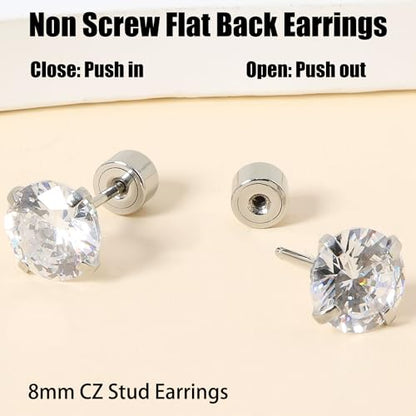 Threadless Flat Back Earrings, Hypoallergenic 14K Real Gold Plated CZ Stud Earrings | Cartilage Earring | Tragus Helix Piercing Jewelry | Push in Flatback Earrings for Women Men - color: Silver, size: 8 Millimeters