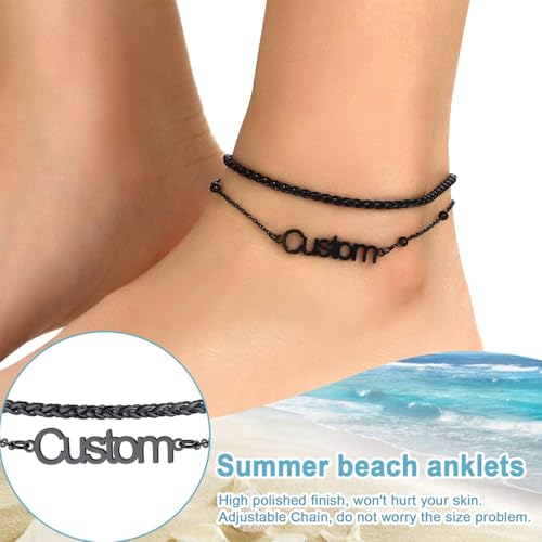 U7 Custom Layered Ankle Bracelets for Women Stainless Steel Bead/Cuban/Figaro/Rope/Wheat Chain Anklet Waterproof Anklet Jewelry for Beach Vacation - color: c-Black-Wheat Chain