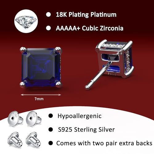 Asscher Cut Cubic Zirconia Stud Earrings for Men Women | Square CZ Simulated Diamond Studs, 18K White Gold Plated Sterling Silver - color: Blue, size: 7MM