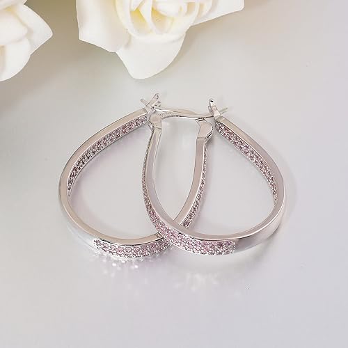 925 Sterling Silver Post Hoop Earrings for Women Gilrs Multcolors Cubic Zircon Hoops 14K Gold Plated Oval Chunky Hoop Earrings Jewelry Gift for Mothers Day/July 4th/Wedding/Party/Christmas - color: Light Pink