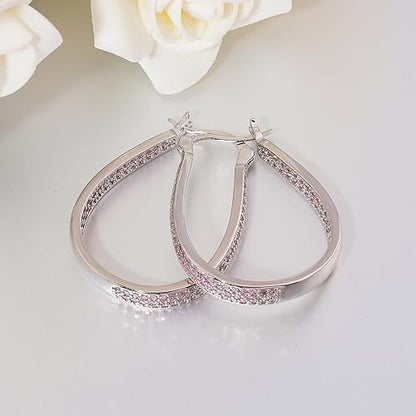 925 Sterling Silver Post Hoop Earrings for Women Gilrs Multcolors Cubic Zircon Hoops 14K Gold Plated Oval Chunky Hoop Earrings Jewelry Gift for Mothers Day/July 4th/Wedding/Party/Christmas - color: Light Pink