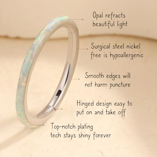 AROWRO Nose Rings Hoops with Opal Hinged Nose Rings for Women Surgical Steel Septum Rings 16G 18G 20G Conch Helix Daith Piercing Jewelry Diameter 6mm-12mm - color: Silver&White Opal, size: 16G(1.2mm)-8mm