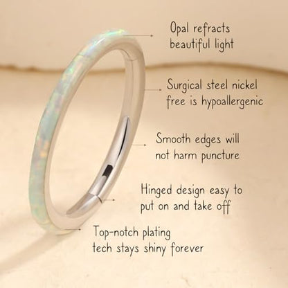 AROWRO Nose Rings Hoops with Opal Hinged Nose Rings for Women Surgical Steel Septum Rings 16G 18G 20G Conch Helix Daith Piercing Jewelry Diameter 6mm-12mm - color: Silver&White Opal, size: 16G(1.2mm)-8mm
