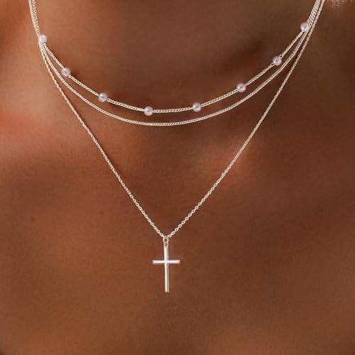 Airmb Cross Necklace for Women Gold/Silver Plated Layered Dainty Cross Chain Trendy Choker Satellite Charm Small Crucifix Pendant Gold/Silver Necklace Stackable Hypoallergenic Delicate Gift for Women - color: Silver-3PCS Cross