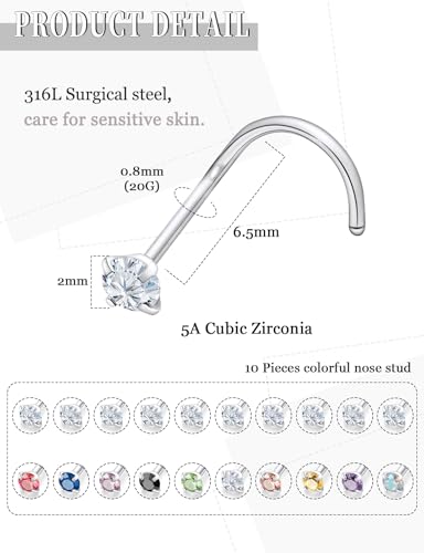 18G 20G 22G Round Cubic Zirconia Nose Rings Studs for Women Men 316L Stainless Surgical Steel Nose Ring Stud Piercing Jewelry Silver Clear CZ 1.5mm 2mm 3mm - style: 20G Screw Silver CZ 2mm