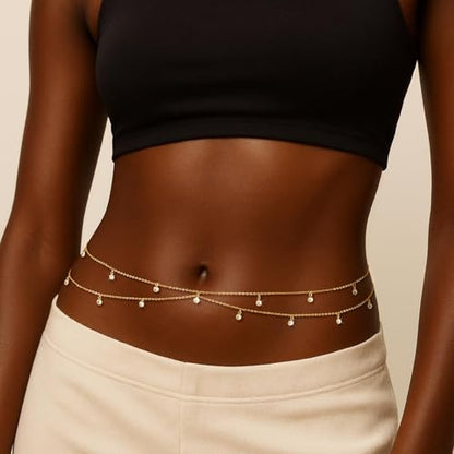 CHESKY Waist Beads for Women, Dainty 14k Gold Plated Waist Chain Beach Accessories Cute Belly Chain Body Chain Gold Chain Belts for Women Summer Beach Jewelry for Womens Gifts Rave Outfits for Womens - style: CZ belly chain-gold