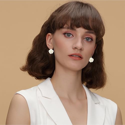 Handmade Bohemian Aesthetic Dainty Acrylic Flower Petal Leverback Earrings Sparkly 14K Gold Floral Dangle Drop Earrings for Women - color: Pearl White