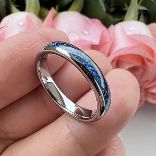 TUTISS 4mm Silver/Black Tungsten Rings for Women Men Engagement Wedding Bands Genuine Blue Green Galaxy Opal Inlay Domed Polished Comfort Fit - color: 4mm Tungsten Blue Galaxy Opal