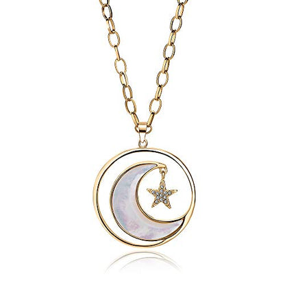 Long Moon Star Shell Pendant Necklace for Women Sweater Layered Y Statement Bohemian Chain Mother Jewelry with Gifts Box - color: GOLD