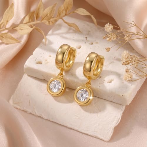 Gold Dangle Earrings for Women, 14K Gold Plated Chunky Hoop Earrings with Charms Cubic Zirconia Drop Earrings Statement Jewelry for Women - color: Gold A